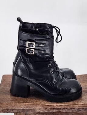 Vintage Y2K Mudd Black Chunky Platform Heel Buckle Zip Boots Size 7 1/2 M